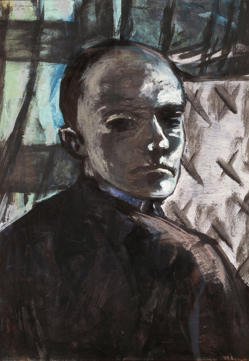 Självporträtt med grön gardin av Max Beckmann