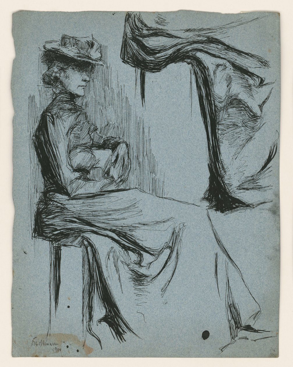 Sittande kvinna med hatt, i profil åt höger, och detaljstudie av hennes klänning av Max Beckmann