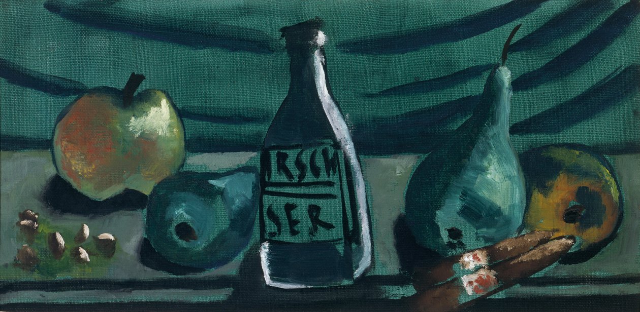 Stilleben med äpple och päron (Stilleben med flaska med körsbärsbrännvin) av Max Beckmann
