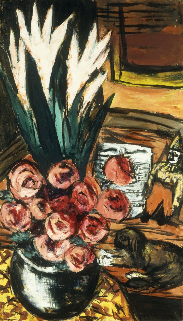 Stilleben med röda rosor och Butchy; Stillben mit Roten Rosen und Butchy av Max Beckmann
