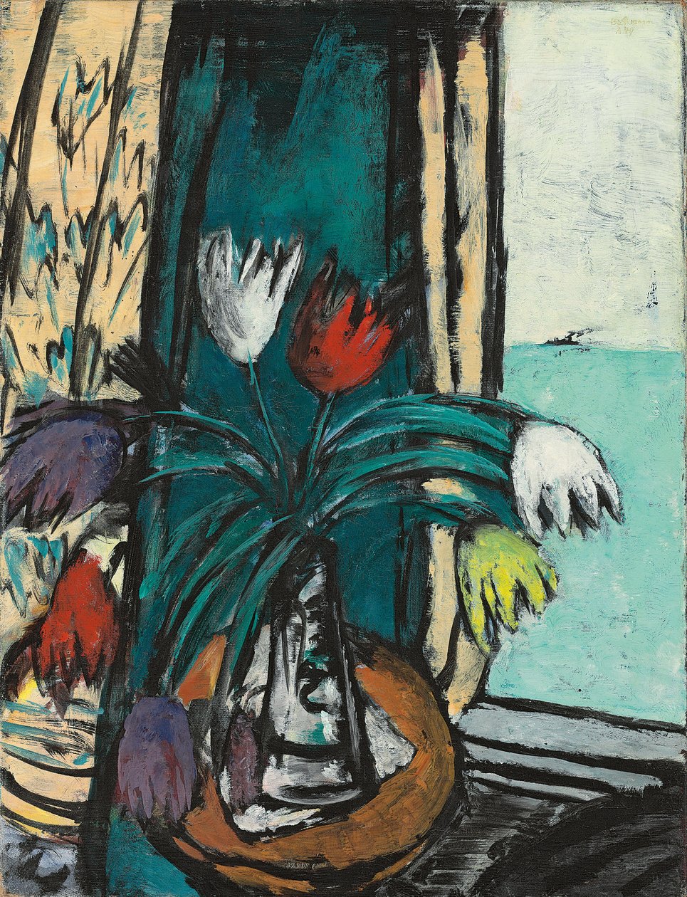 Stilleben med tulpaner och havsutsikt av Max Beckmann