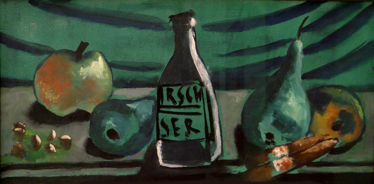 Stilleben med äpple och päron (Stilleben med kirschflaska) av Max Beckmann