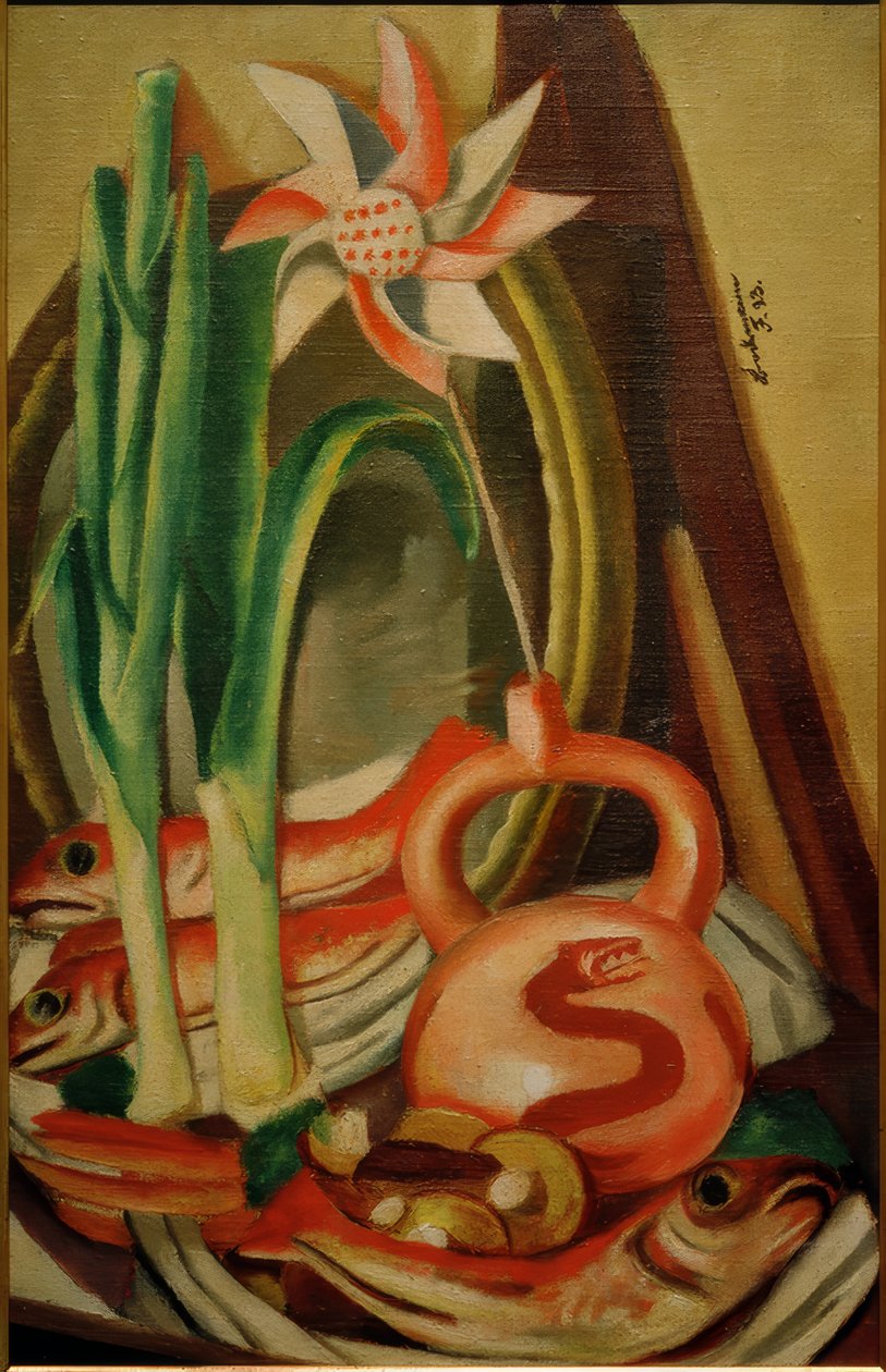 Stilleben med fisk och pappersblomma av Max Beckmann