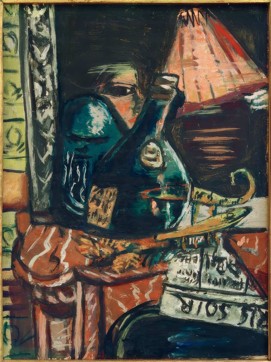Stilleben med en lutande spritflaska och Buddha av Max Beckmann