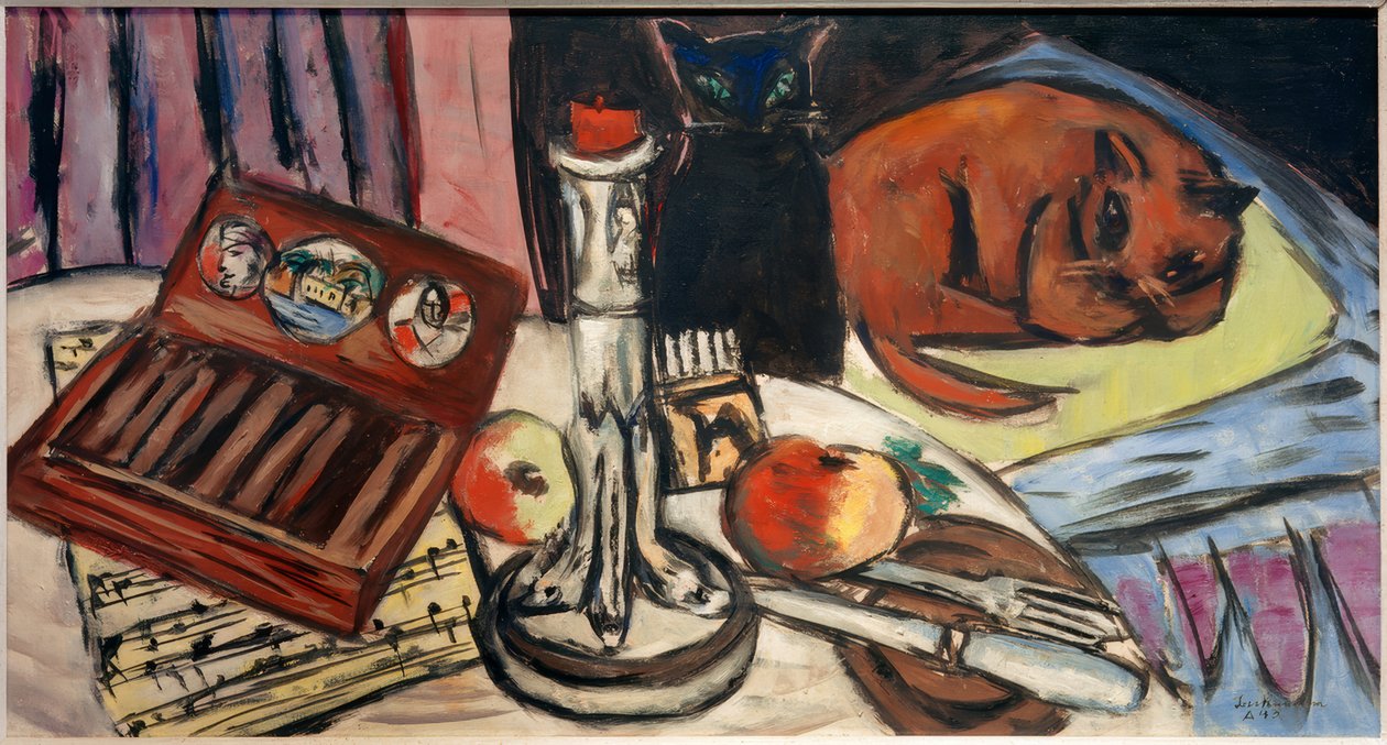 Stilleben med en silverljusstake (stilleben med katter) av Max Beckmann