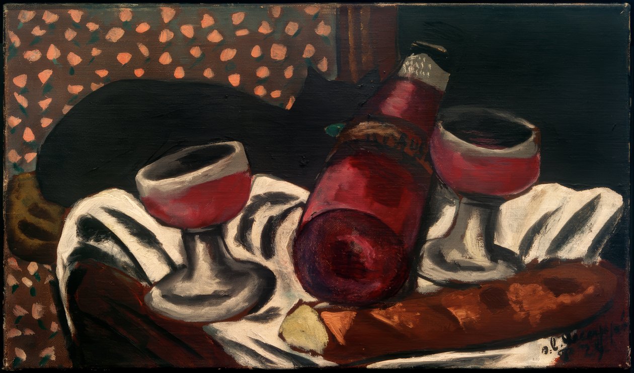 Stilleben med vinglas och katt av Max Beckmann
