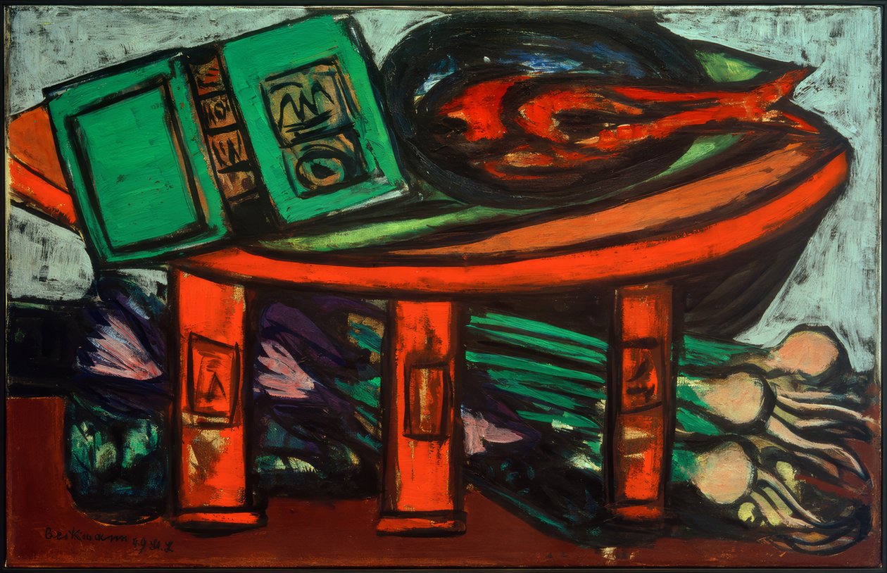 Stilleben med grön bok och rädisor av Max Beckmann