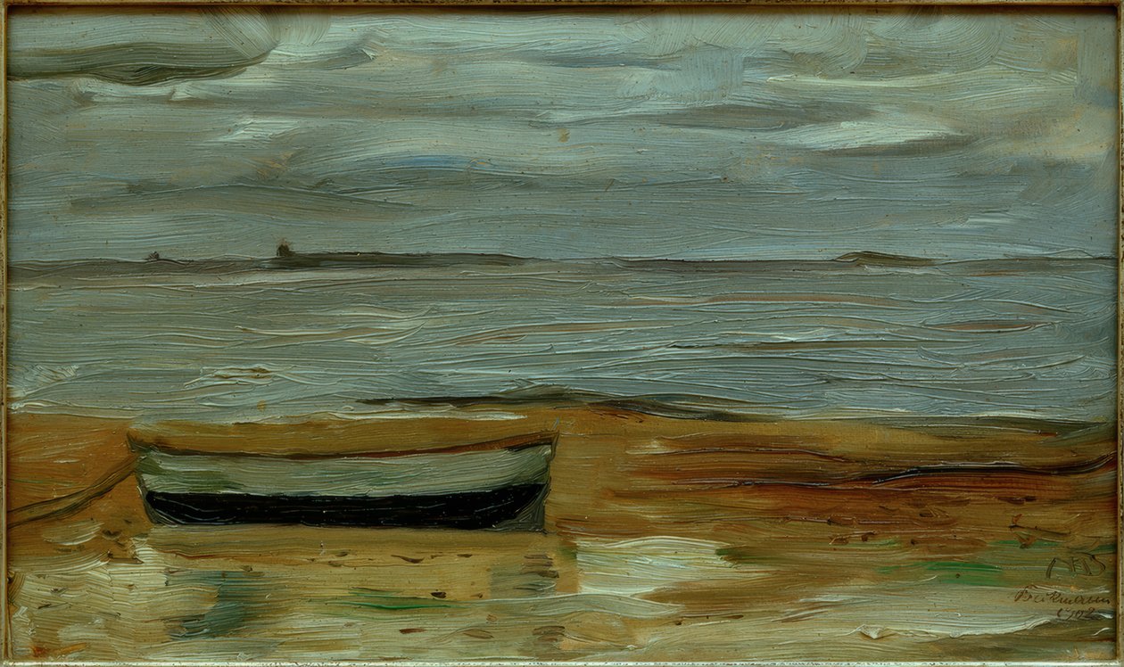 Strand med en grå båt och grått hav av Max Beckmann