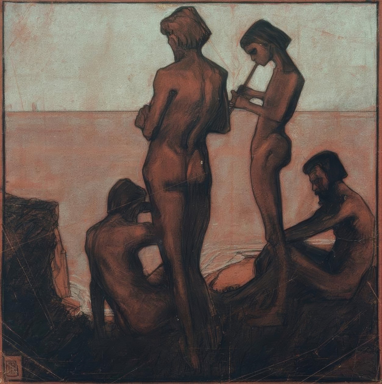 Fyra unga män vid havet (Unga män vid havet - Fyra mansfigurer vid havet) av Max Beckmann