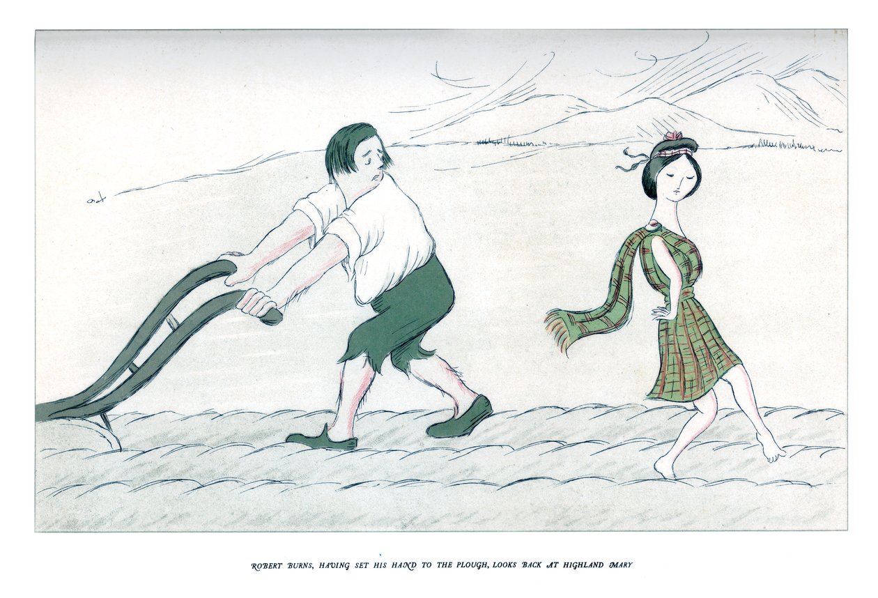 Robert Burns, som har lagt sin hand till plogen, ser tillbaka på Highland Mary, 1904. av Henry Maximilian Beerbohm