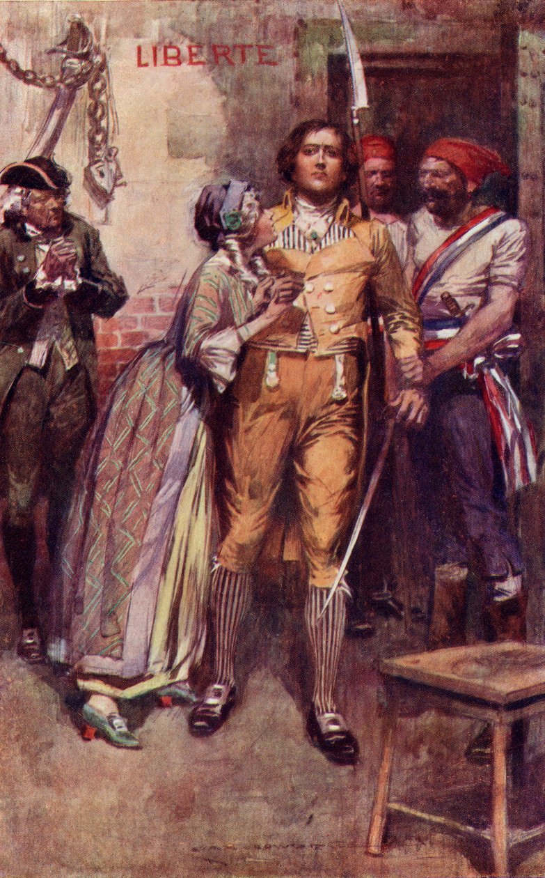 Lucy tar farväl av Sydney Carton, fontispiece från "A Tale of Two Cities" av Charles Dickens (litho i färg) av Max Cowper
