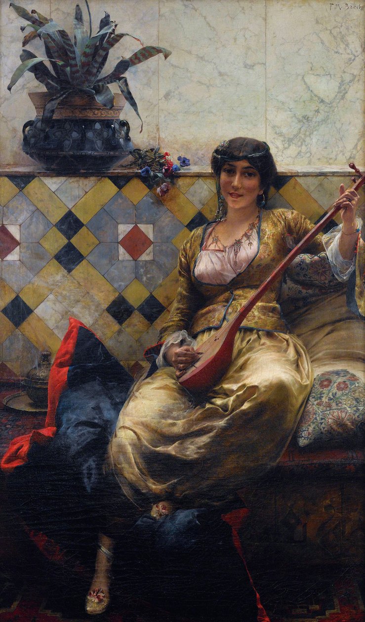 ""Serenade au harem"" (Serenade i harem) Peinture de Ferdinand Max Bredt (1860-1921) - Olja på duk Dim 85x52 cm Privat samling av Max Ferdinand Bredt