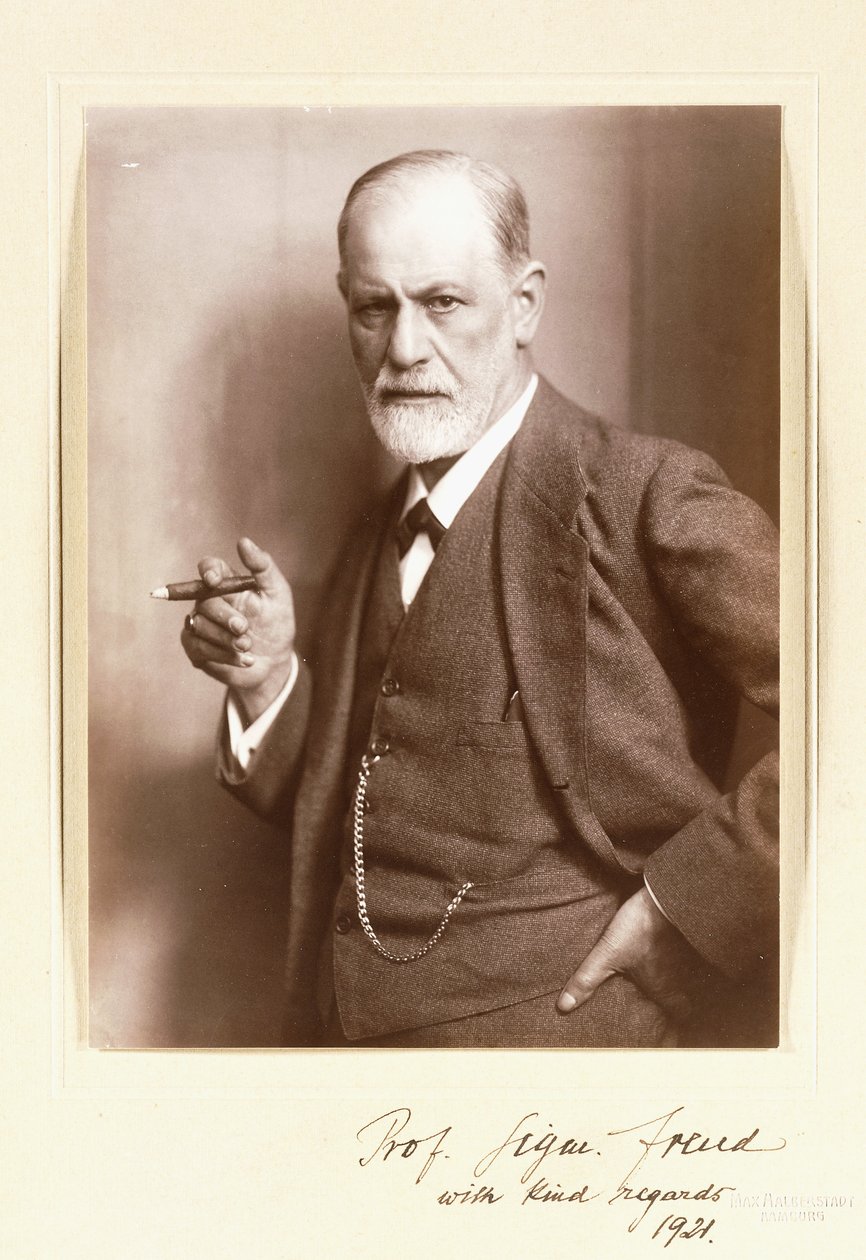 Ett signerat fotografi av Sigmund Freud, ca 1921 (sepiafoto) av Max Halberstadt