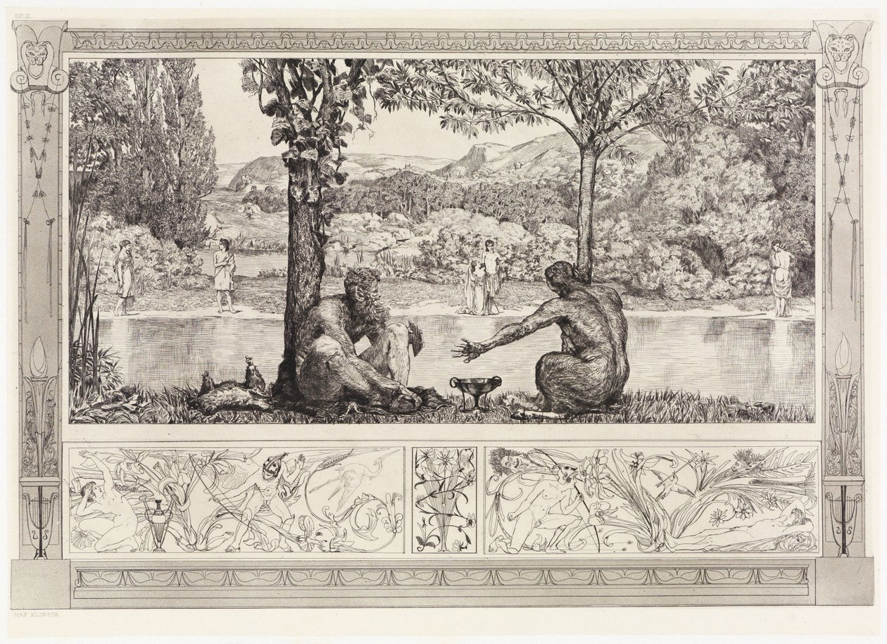 Narkissos och Echo I (Räddningar av ovidianska offer, opus II, blad 7) av Max Klinger