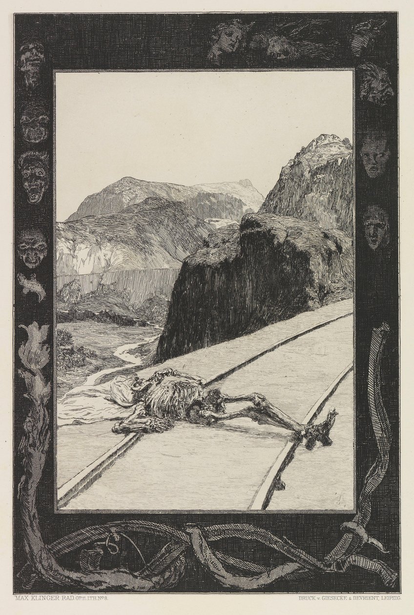On the Tracks, plåt 8 från portfolion On Death, Del I, Opus XI, 1897. av Max Klinger