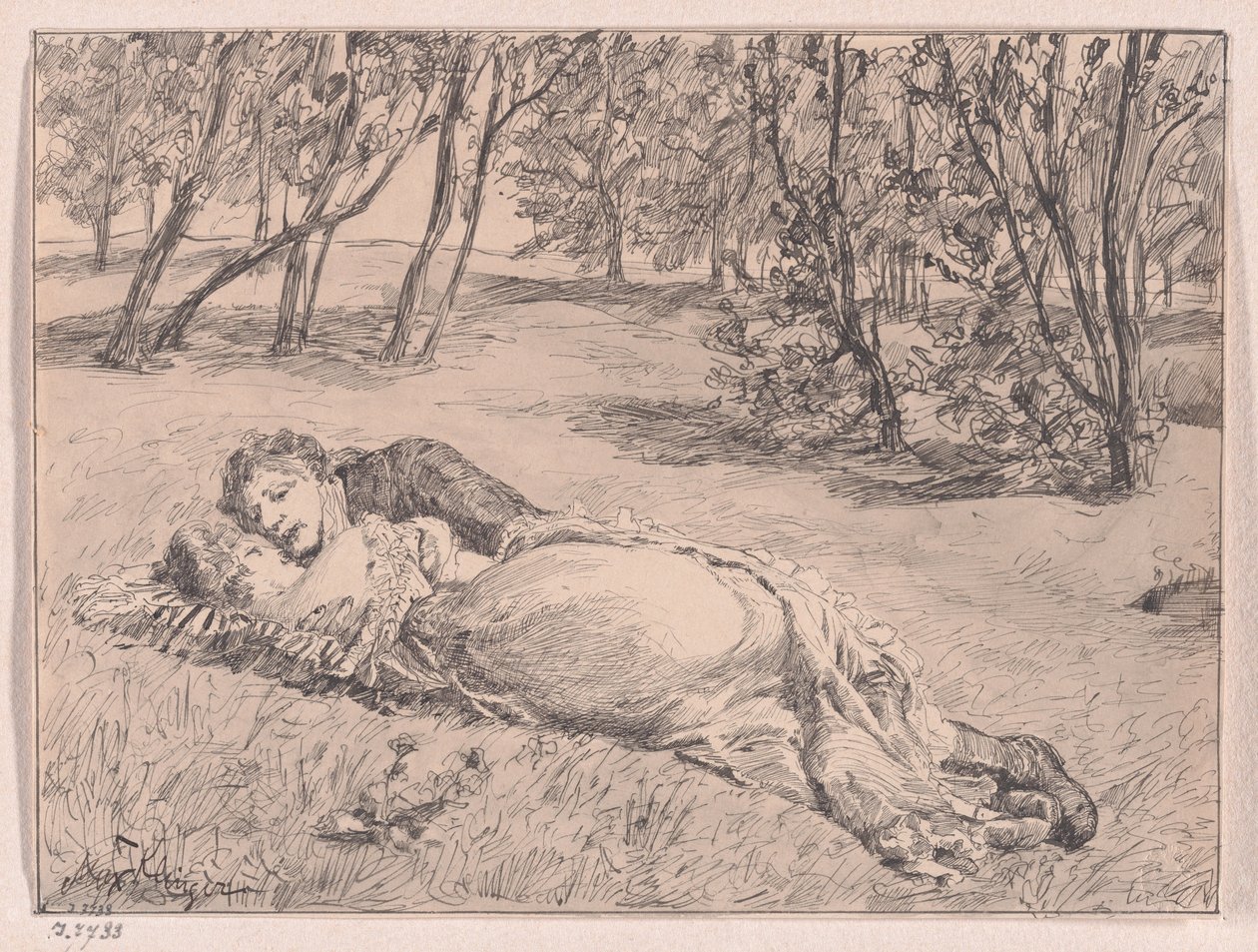 Par i gräset – En omfamning i ett landskap (A Couple on the Grass – An Embrace in a Landscape) av Max Klinger
