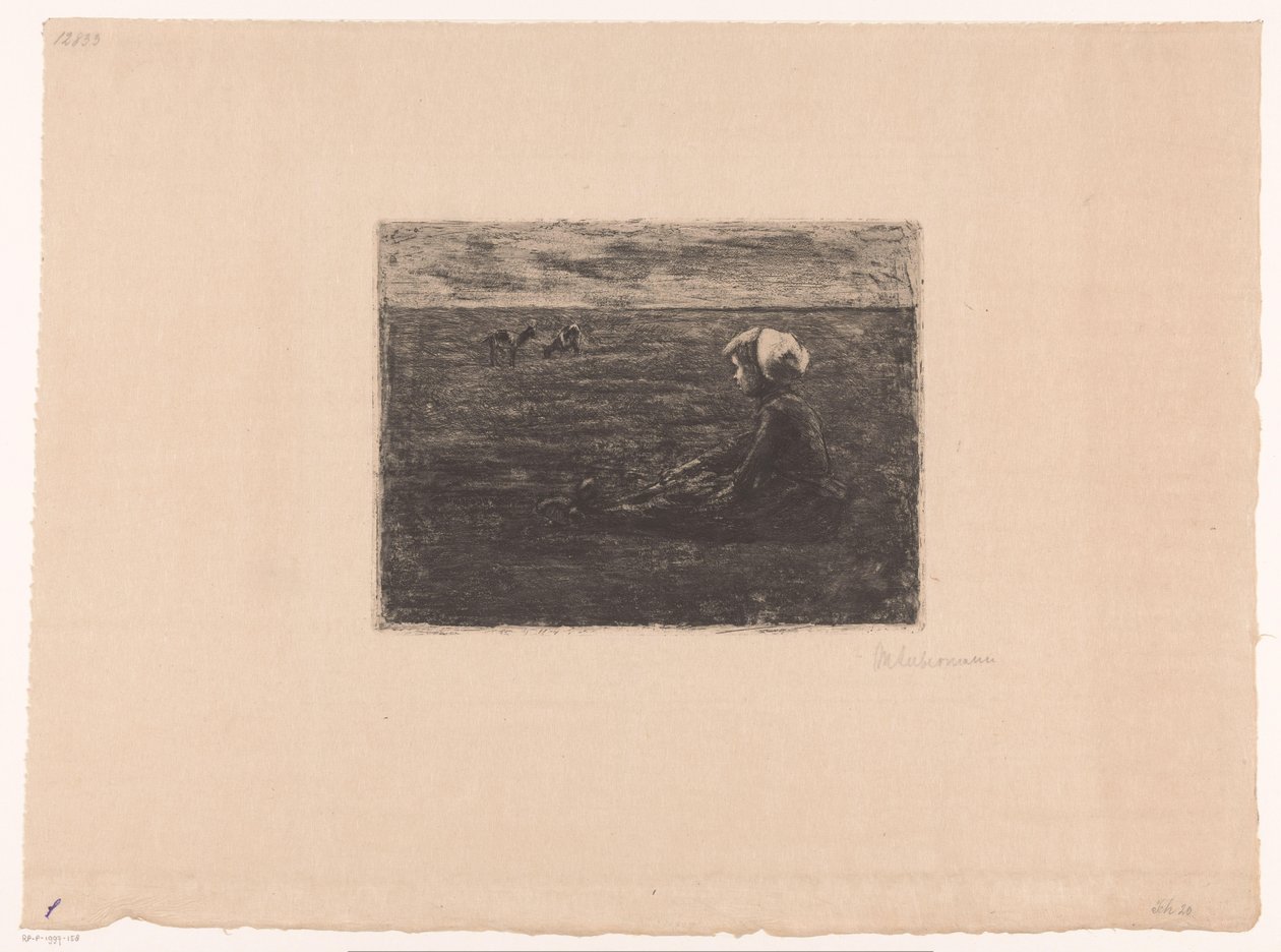 Ung getherde sitter på fältet av Max Liebermann (signed by artist)