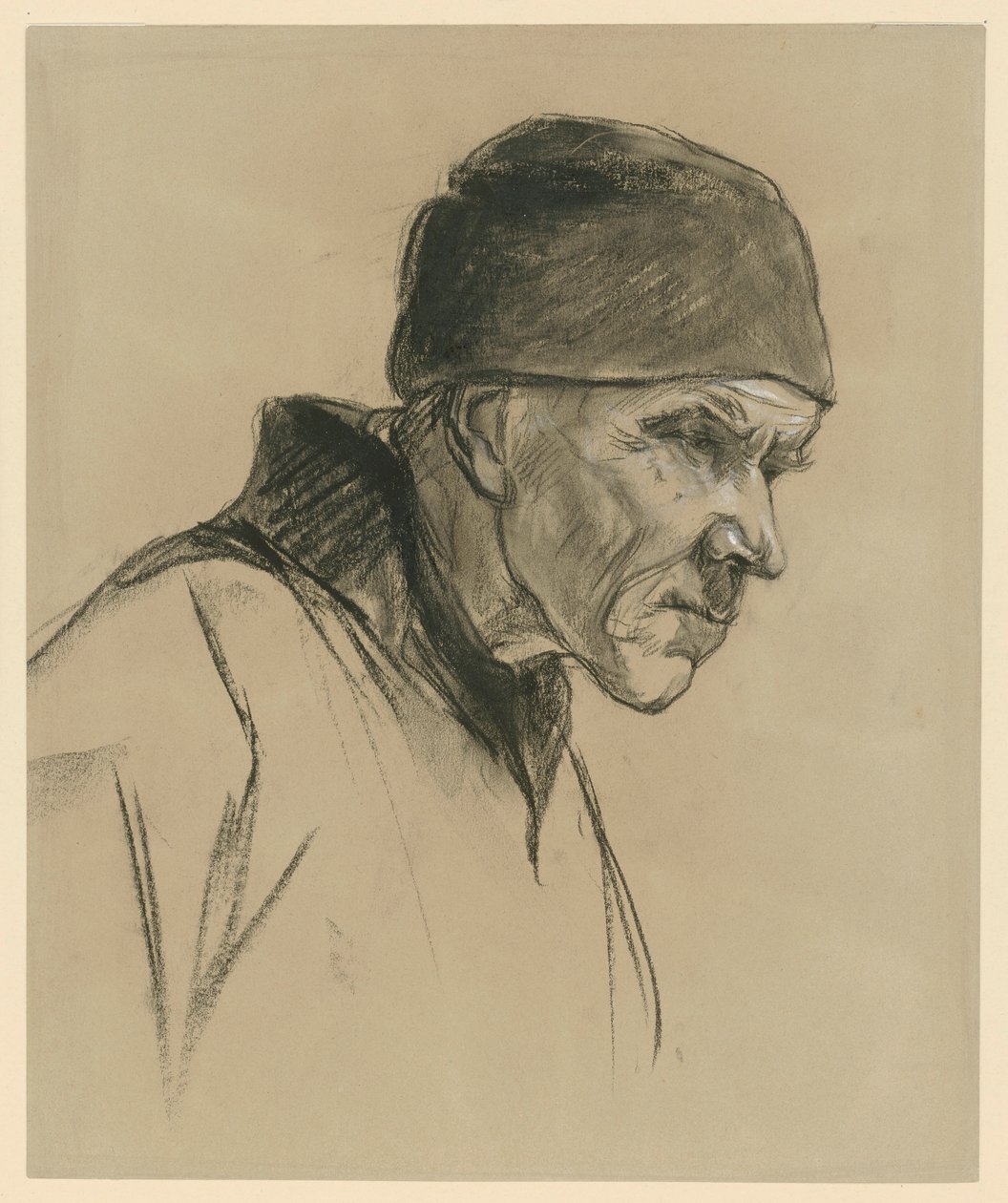 Gammal man med mössa (bröstbild, profil åt höger), studie till: Gående bonde (1894) av Max Liebermann