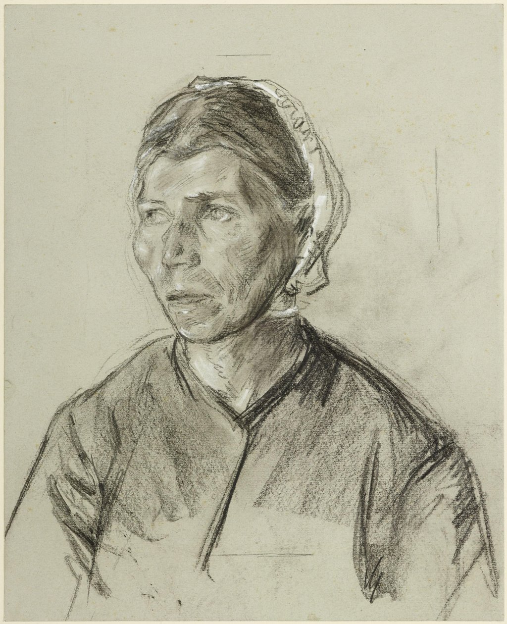Bröstbild av en äldre kvinna med huvudbonad av Max Liebermann