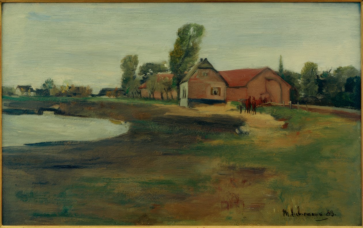 Bygata i Militsch (landskap med damm) av Max Liebermann