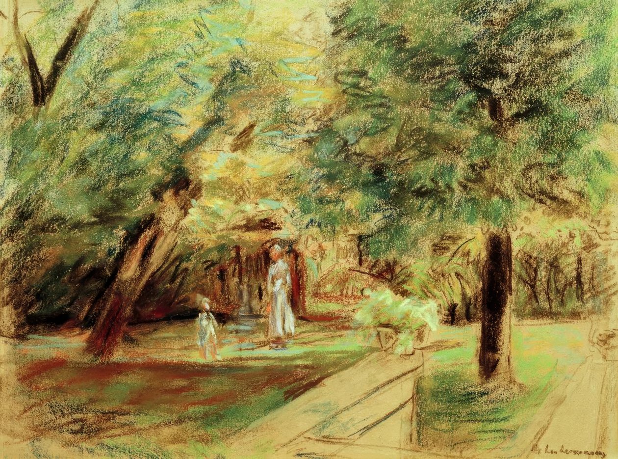 Barnbarn med barnflicka framför häckar av Max Liebermann