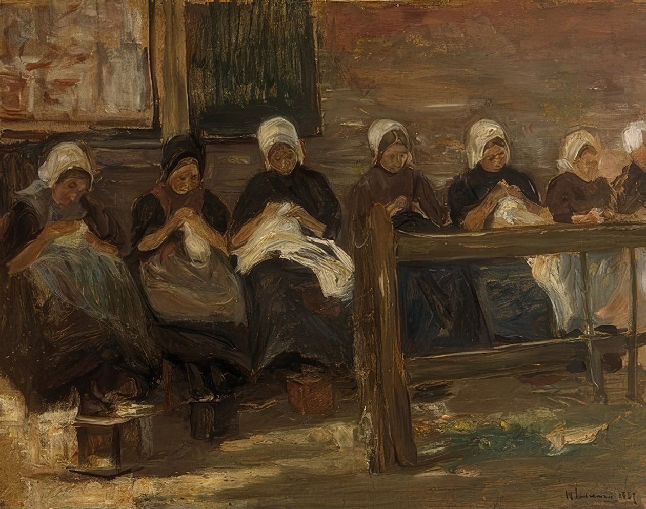 Sy flickor i Huyzen - Studera med sju figurer. 1889 av Max Liebermann
