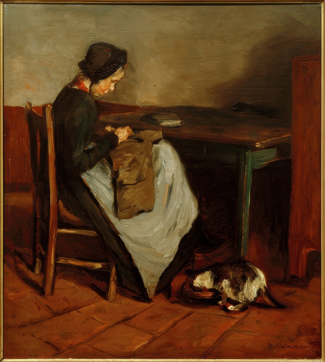 Sy flicka med katt - holländsk interiör av Max Liebermann