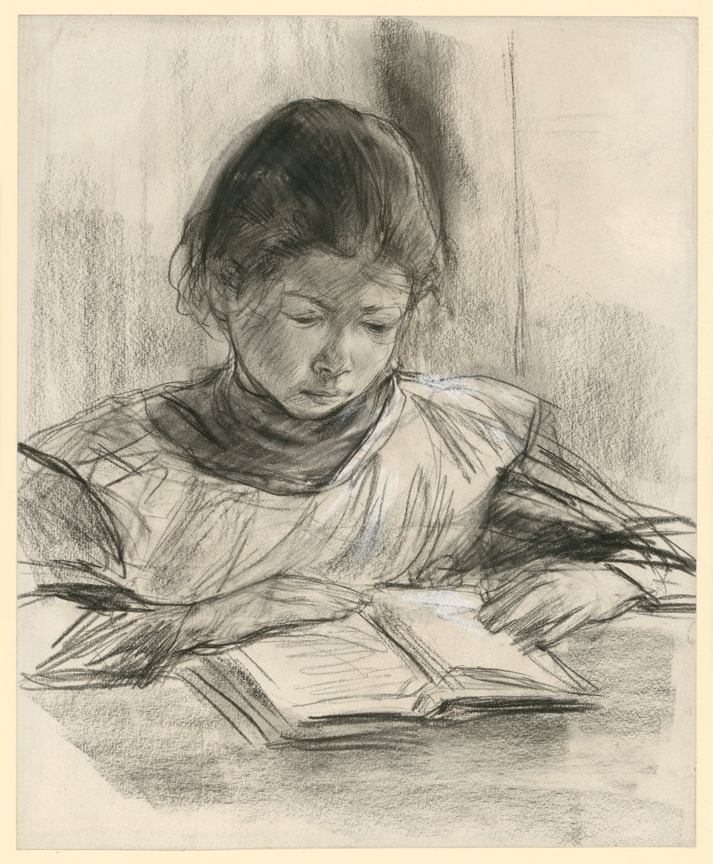 Porträtt av konstnärens dotter. Bröstbild framifrån, sittande vid ett bord och läsande av Max Liebermann