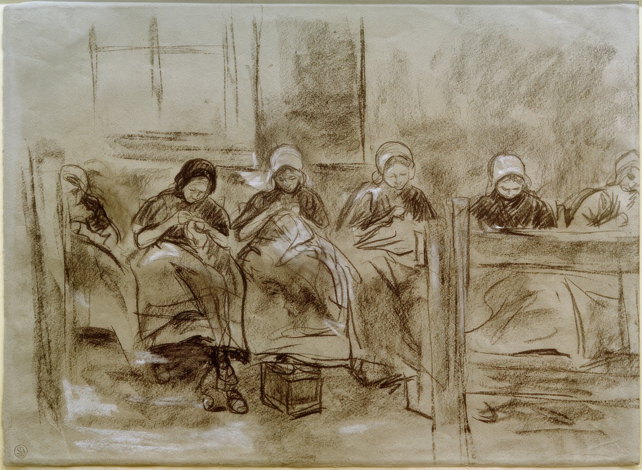 Sex sy holländska tjejer framför en husvägg av Max Liebermann
