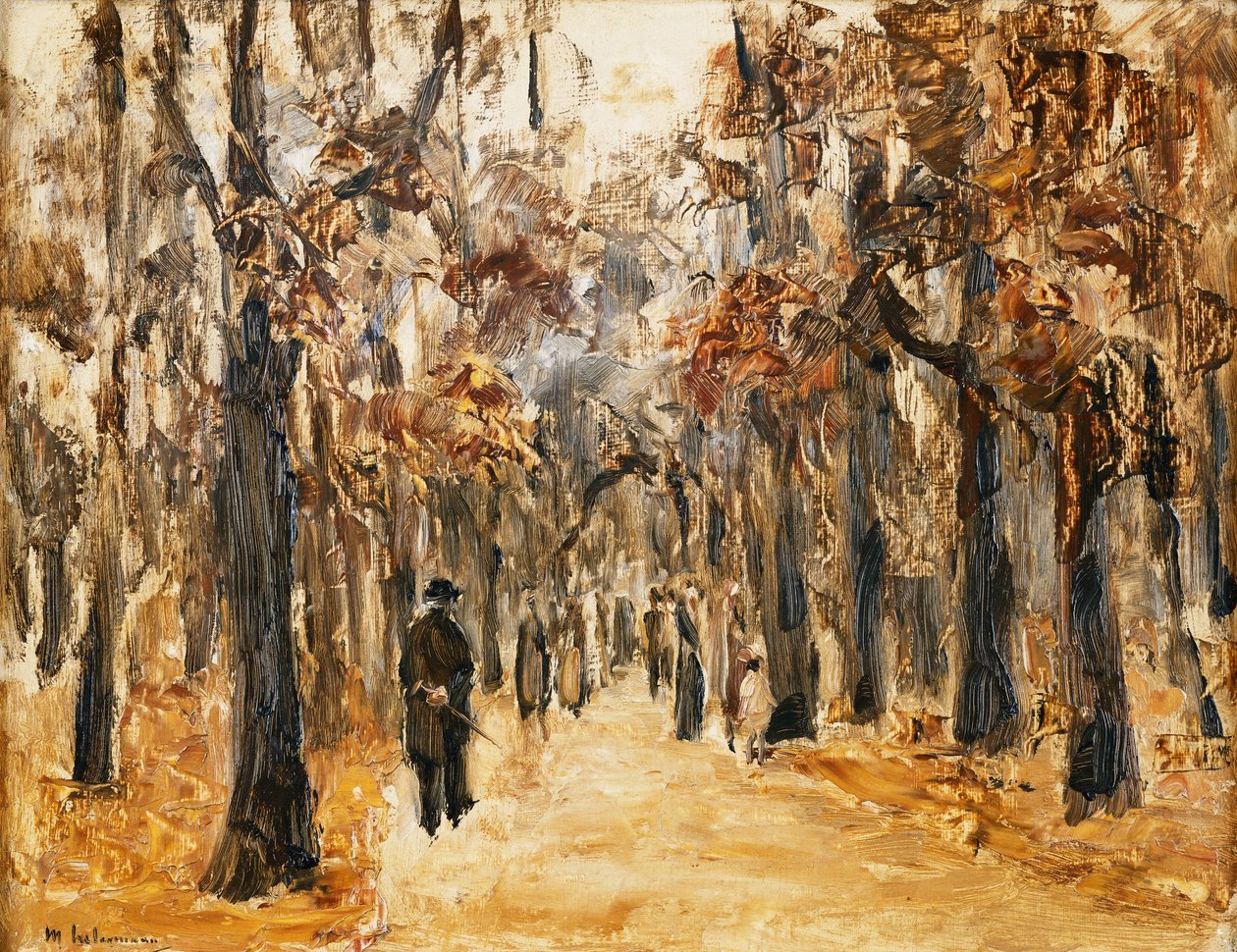 Zoologiska trädgårdar på hösten med figurer som går; Tiergarten på hösten med vandrare, av Max Liebermann