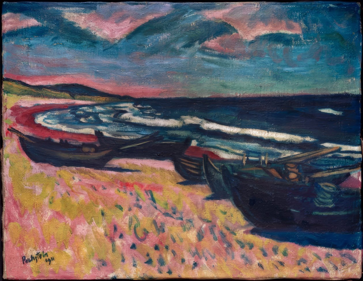 Båtar på stranden i Nidden av Max Pechstein