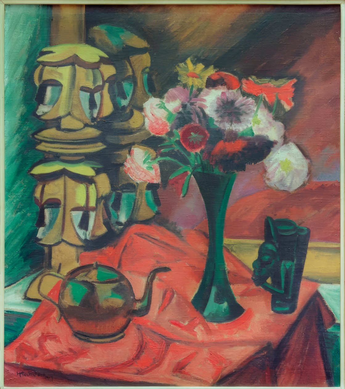 Stilleben med masker och blommor av Max Pechstein