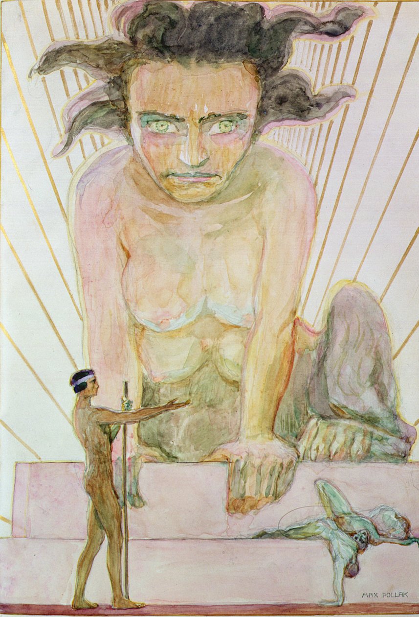 Oidipus och sfinxen (akvarell på papper) av Max Pollak