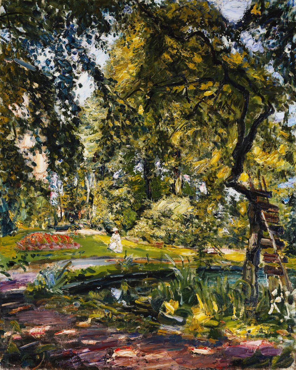 Trädgård i Godrammstein med ett vridet träd och damm; Trädgård i Godrammstein med övervuxet träd och damm, 1910 av Max Slevogt