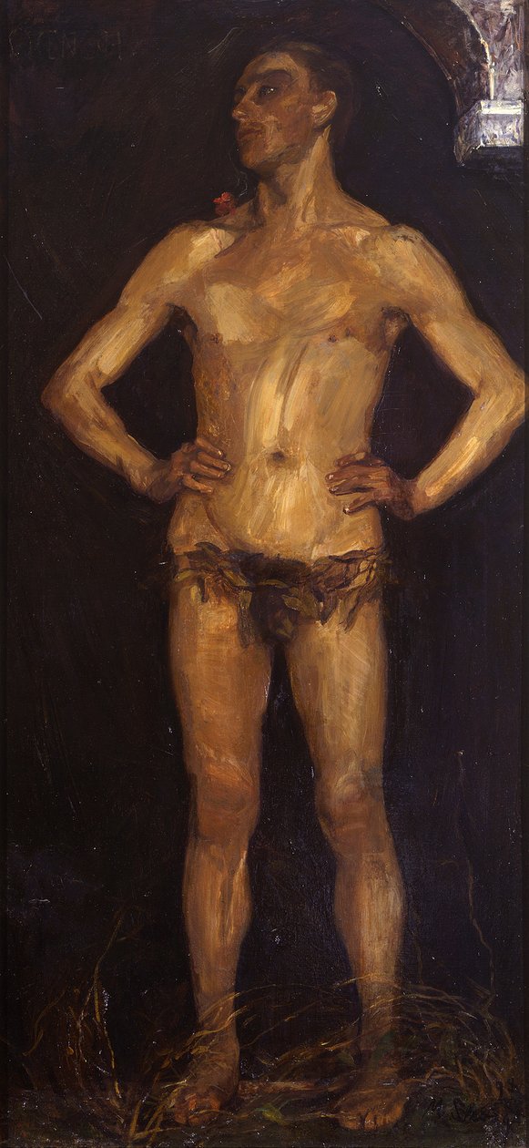 Mann. Rechte Tafel des Diptychons „Menschenpaar (Homo Sapiens)“ (Verso: weiblicher Rückenakt) av Max Slevogt