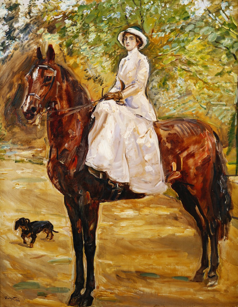 Kvinna i vitt rider en häst; Dam i vit ridklänning till häst, 1910 av Max Slevogt
