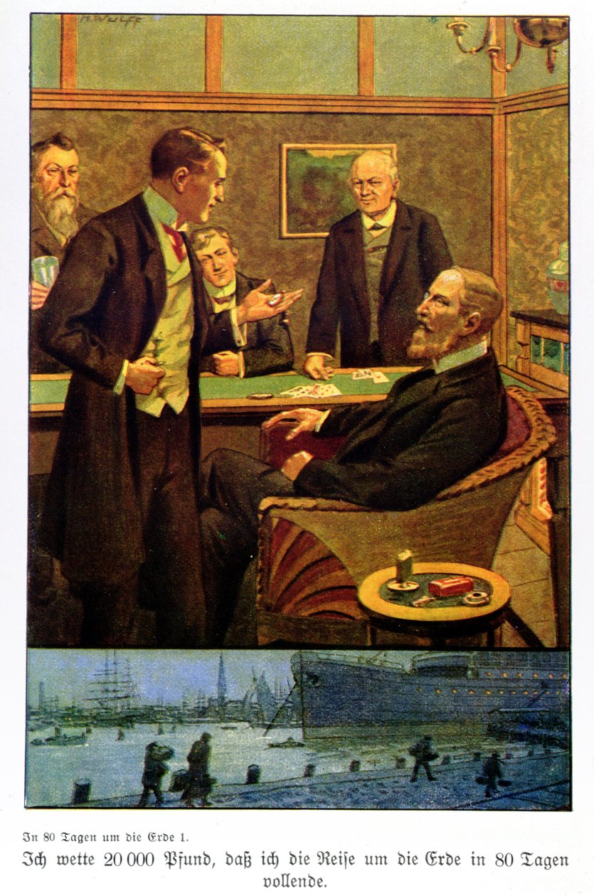 Phileas Fogg tar vadet på Reform Club att han kan resa jorden runt på 80 dagar, illustration från en upplaga publicerad i Berlin av Max Wulff