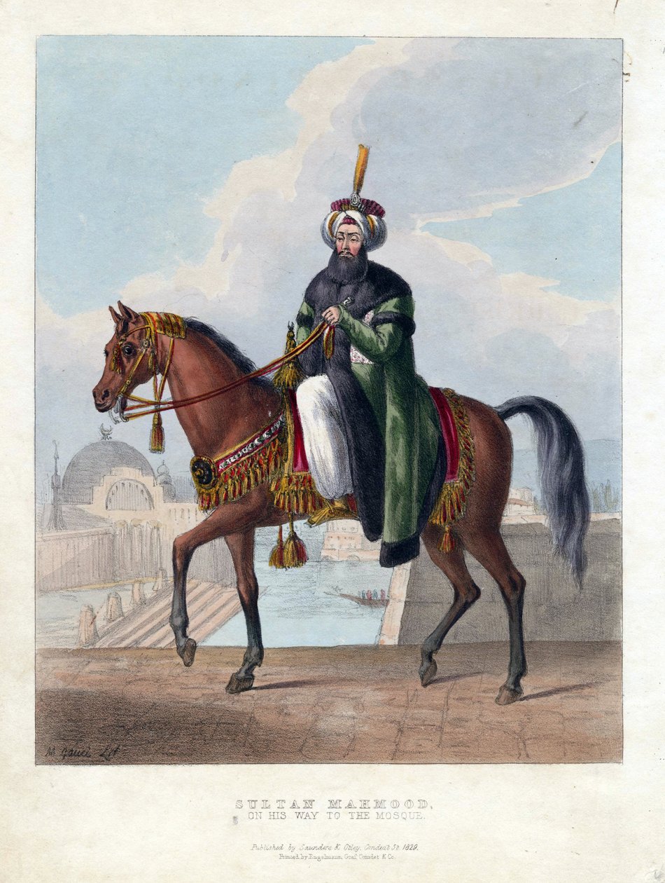 Porträtt av Mahmud II (1785-1839) (Mahmoud II), Sultan av det osmanska riket - Oeuvre de M. Gauci (aktivt 1800-tal) - 1829 - Färglitografi - 26x20 - Privat samling av Maxim Gauci
