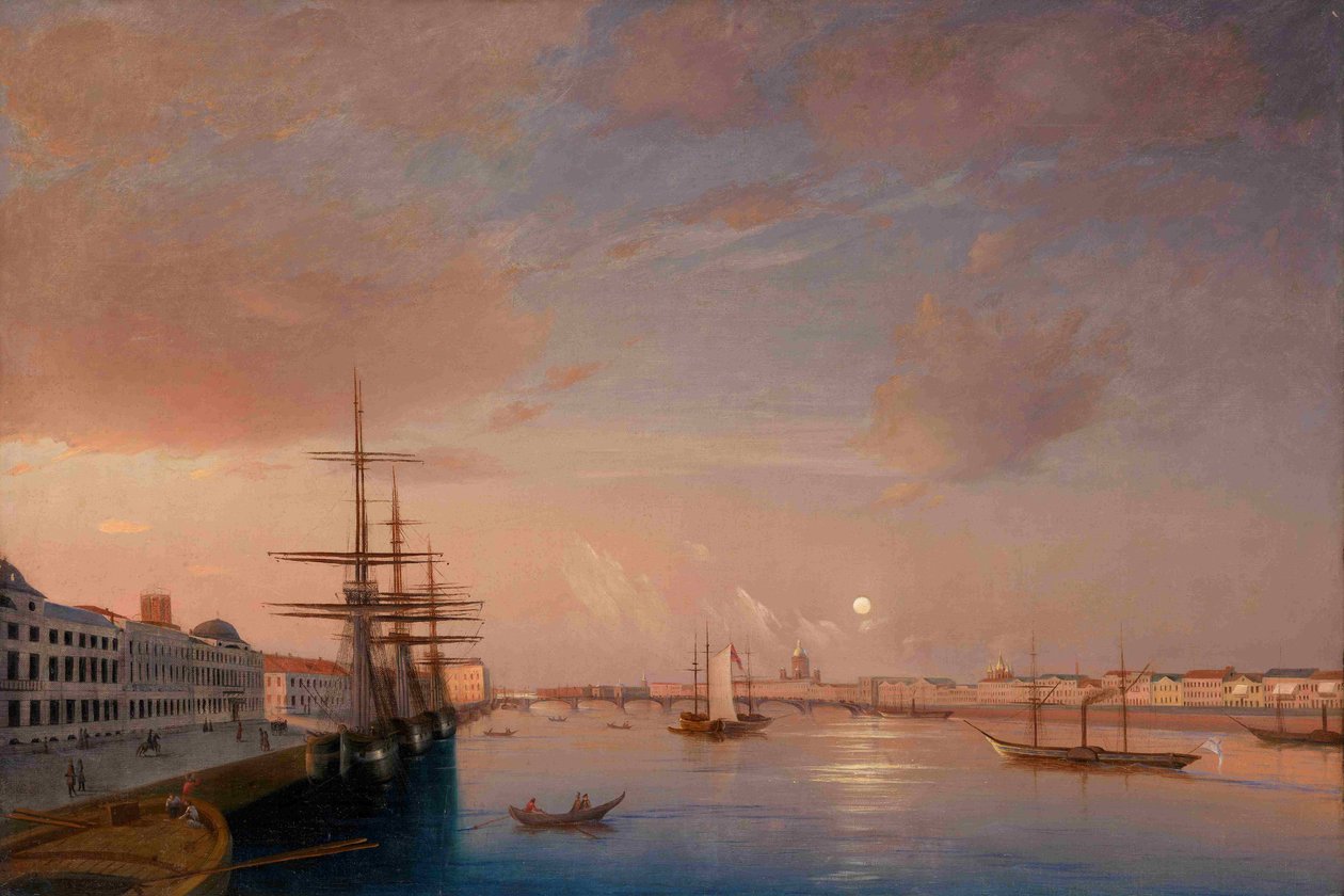 Utsikt över Blagoveshchensky Annunciation Bridge och Nikolaevskaya Bankment, ca 1852 av Maxim Nikiphorovich Vorobyev