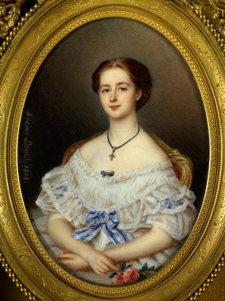Porträtt av kvinna med blått band Målning av Maxime David (1800-talet) 1858 Paris, Dekorativ konst. av Maxime David