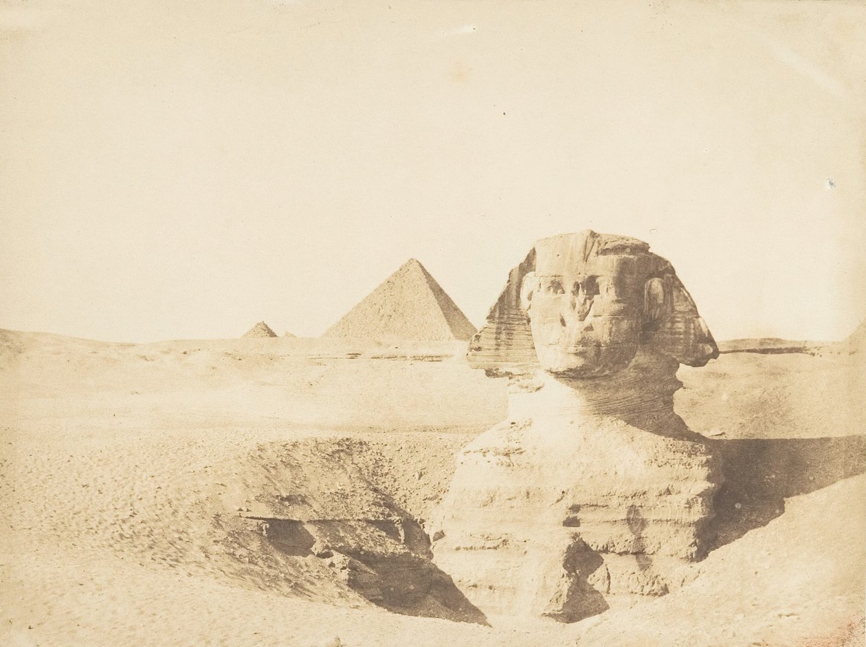Utsikt över den stora sfinxen och den stora pyramiden i Menkazeh Mycerinus, december 1849. av Maxime Du Camp