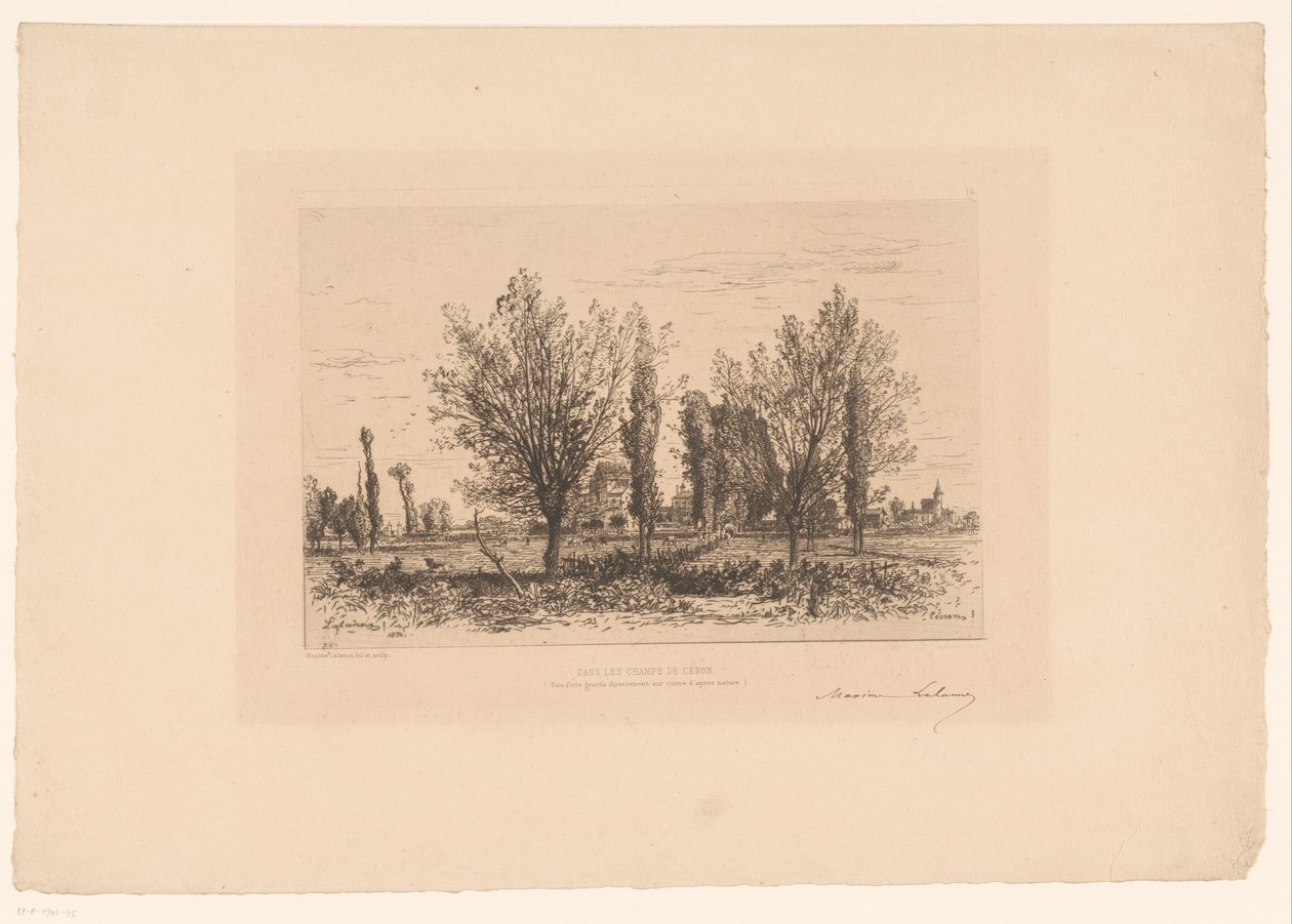 Landskap med en äng och utsikt över en stad Dansa les champs de Cenon. (titel på objekt) av Maxime François Antoine Lalanne (signed by artist)