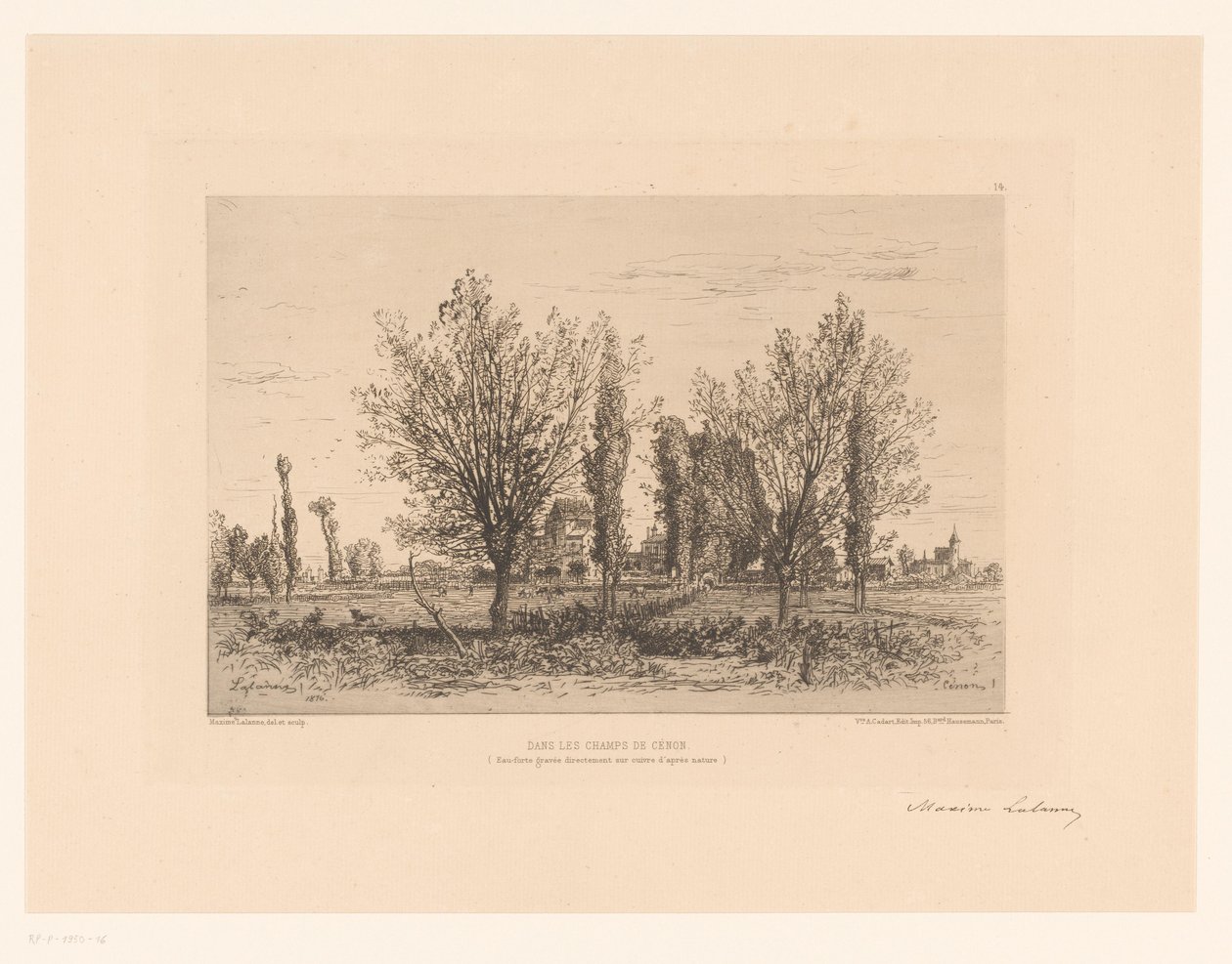Landskap med en äng och utsikt över en stad Dansa les champs de Cenon. (titel på objekt) av Maxime François Antoine Lalanne (signed by artist)