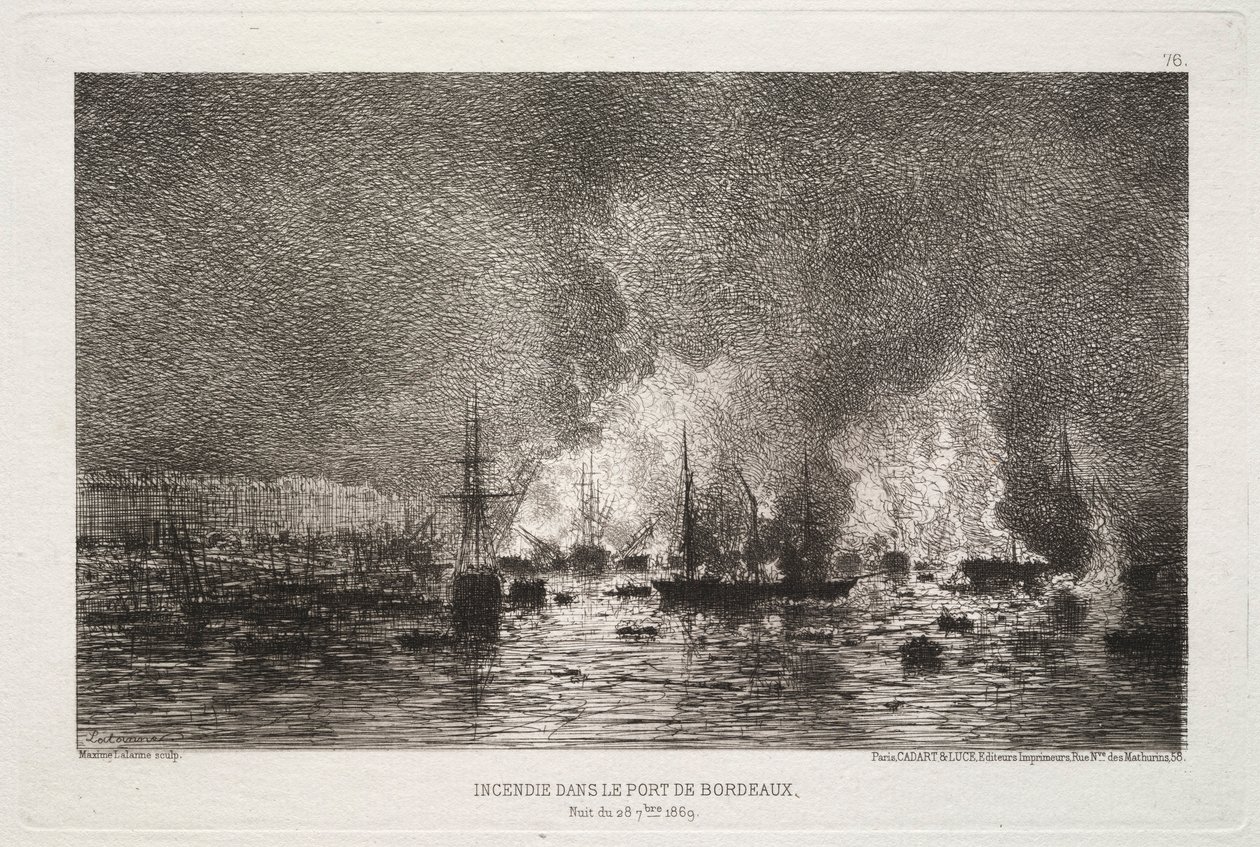 Brandbrand i hamnen i Bordeaux, 1869. av Maxime Lalanne