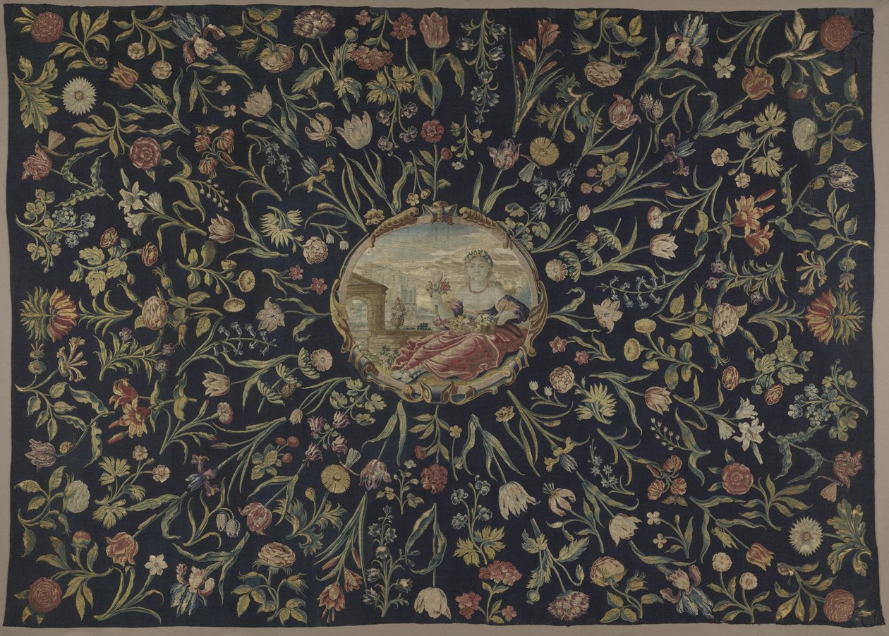 bordsskydd Duk med personifiering av Flora och ett blommönster av Maximiliaan van der Gucht (possibly)