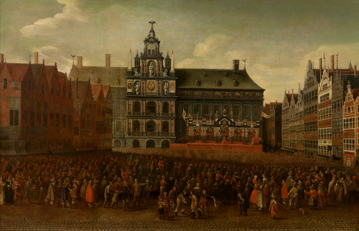 Tillkännagivandet av freden i Münster på Grote Markt i Antwerpen av Maximiliaen Pauwels