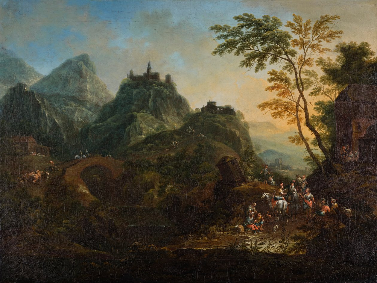 Idealiskt bergslandskap med bro av Maximilian Joseph Schinnagl