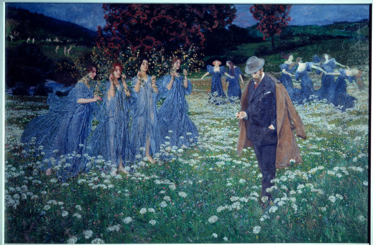 Reverie, en värld Drömliknande landskap, en man korsar ett fält folk av avgifter. Målning av Maximilian Lenz (1860-1948) av Maximilian Lenz