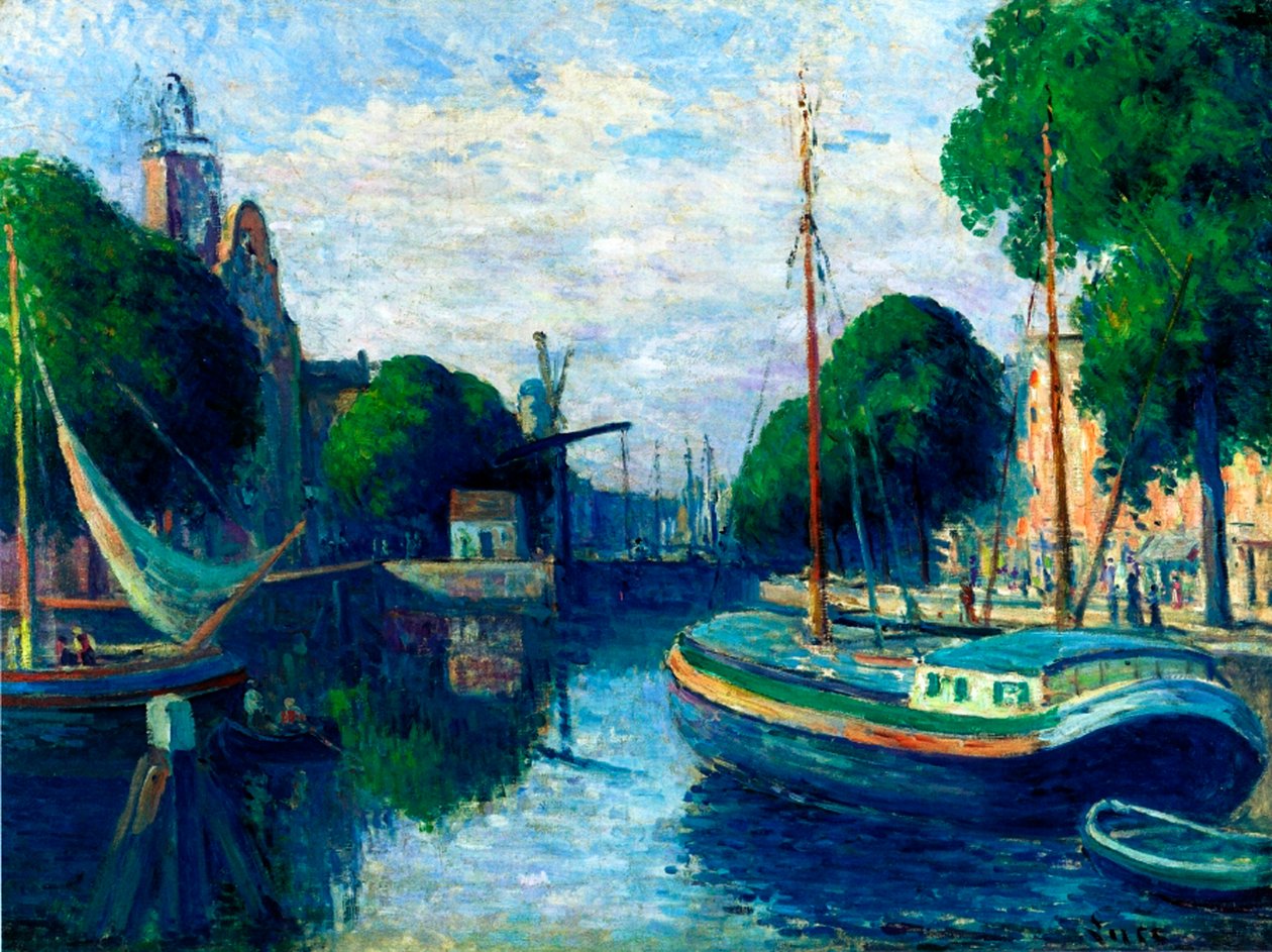Pråmar på en kanal i Rotterdam, 1908 av Maximilien Luce