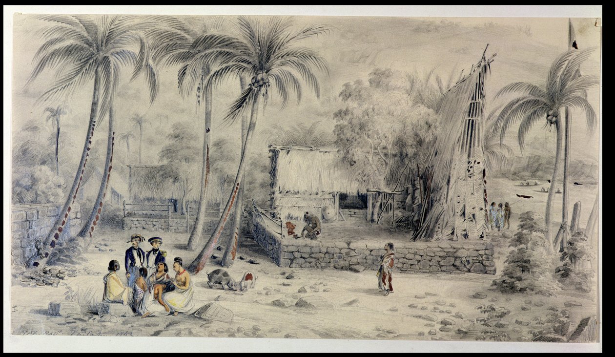 Infödd by på Tahiti, ca 1841-48 (wc, penna och bläck på papper) av Maximilien Radiguet